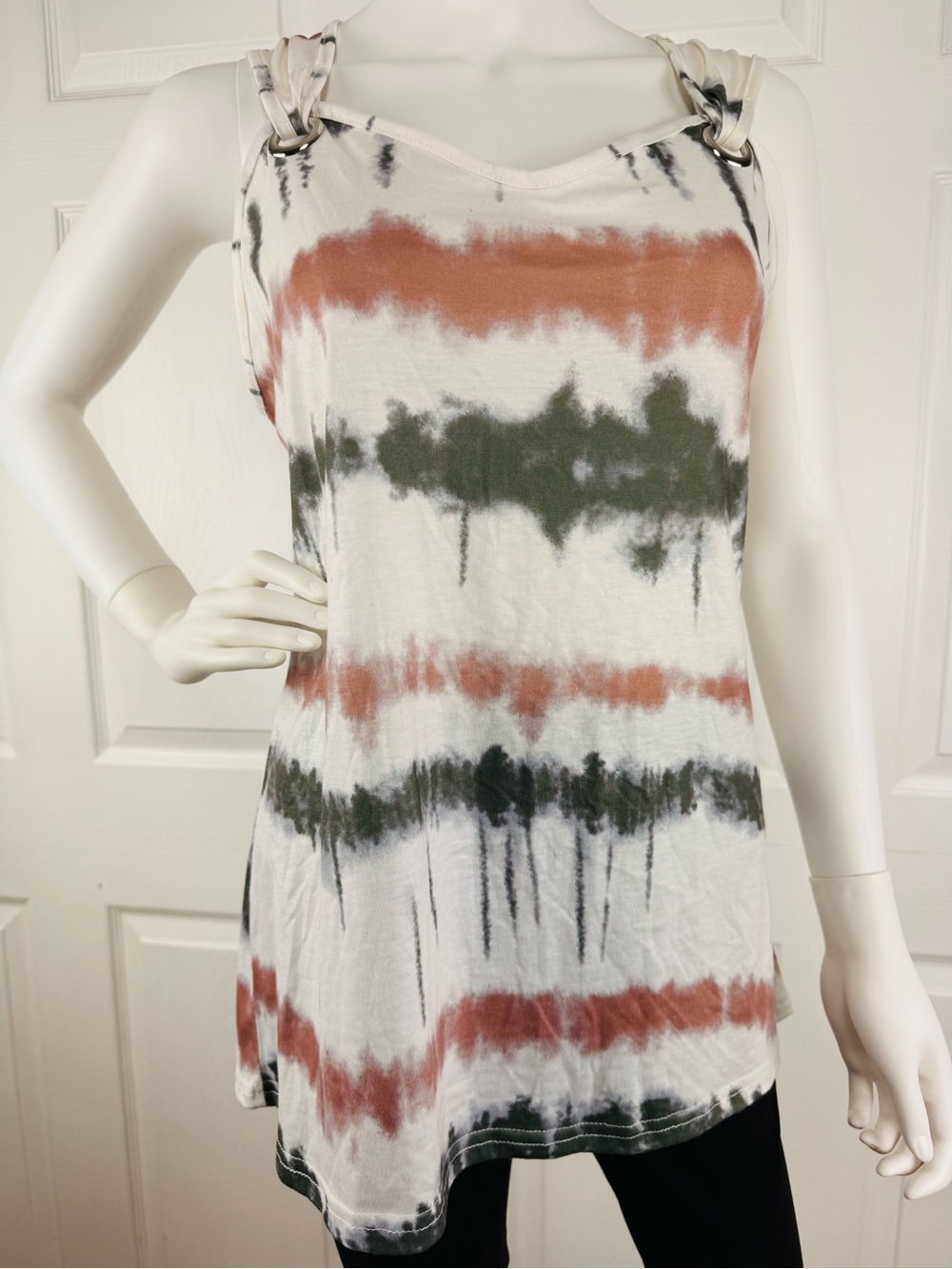 Knot-Shoulder Tie-Dye Sleeveless Tunic in Rust, Olive & White